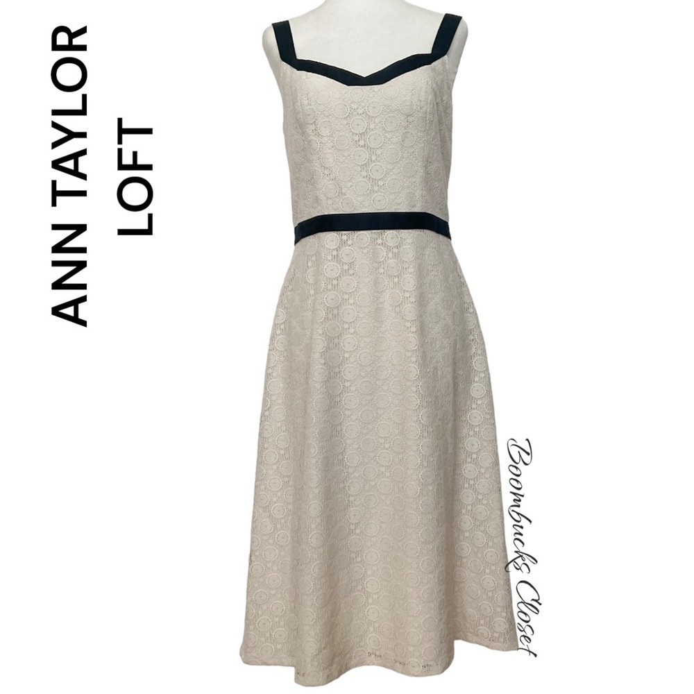 Ann Taylor Cream and Black Midi Dress